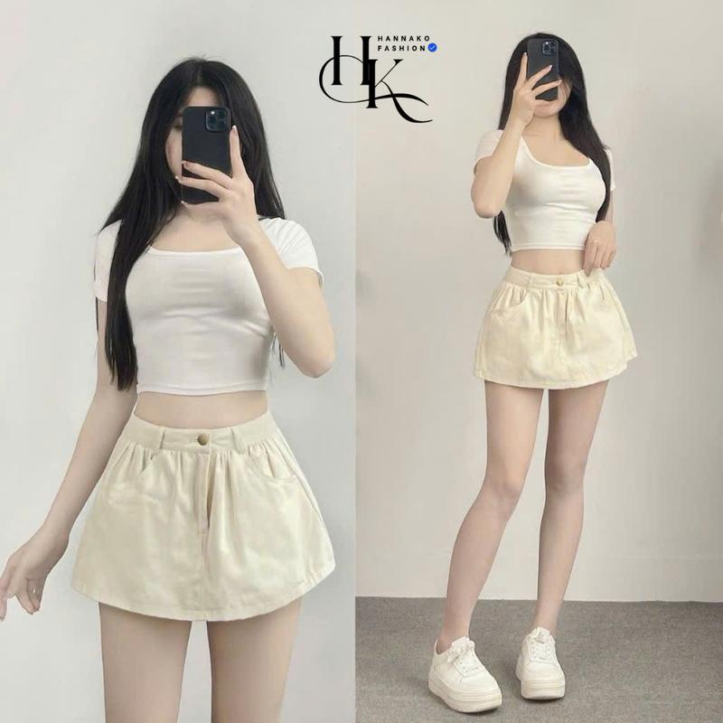 Chân váy Kaki dáng ngắn nhún tùng cạp cao có lót trong Bigsize Hannako, Chân váy mini dáng A 161