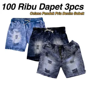 100 Ribu Dapet 3pcs Celana Pendek Pria Motif Sobek / Celana Pendek Pria Dewasa / Boardshort Pendek Di Atas Lutut Jeans