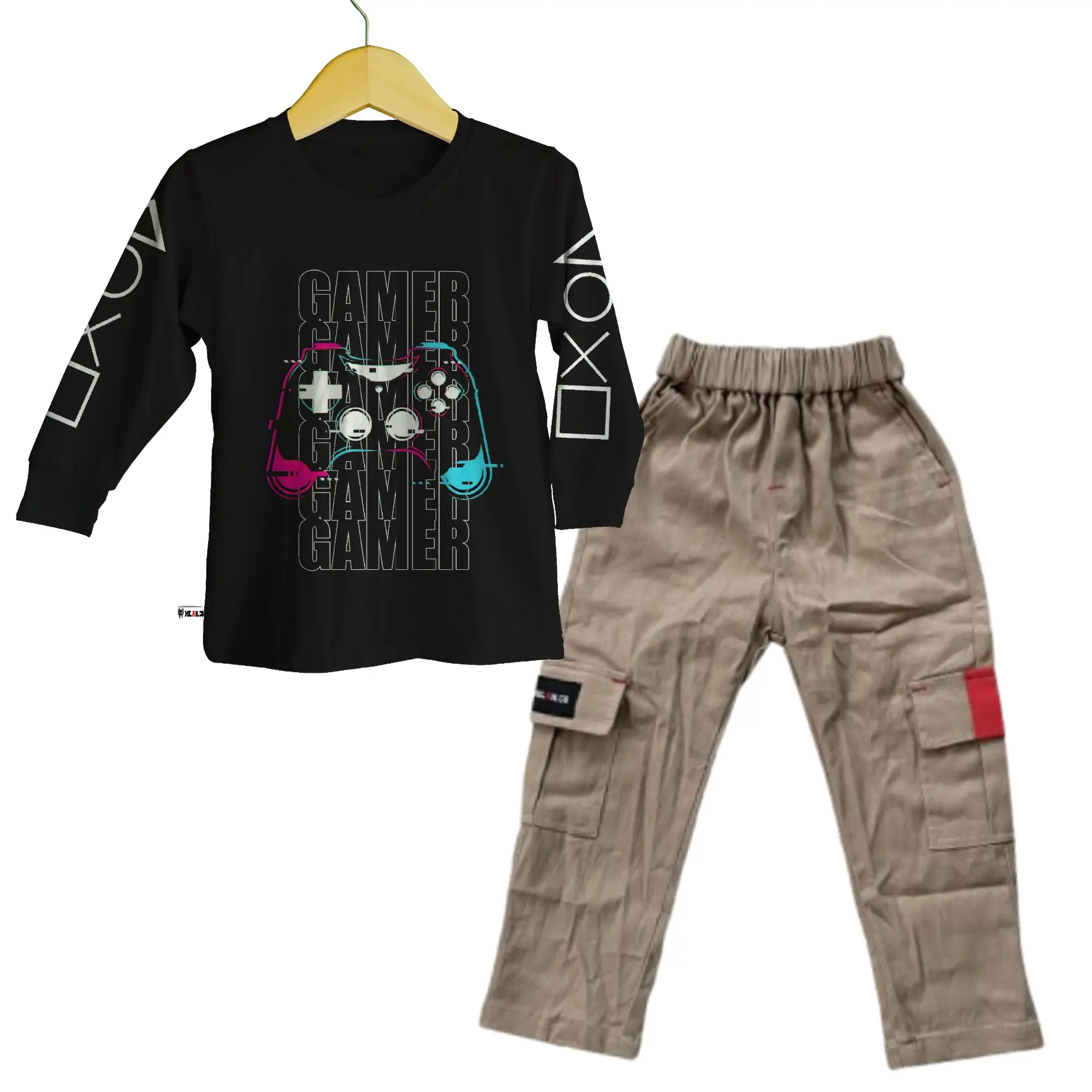 Setelan Distro Anak Laki Laki Kaos Lengan Panjang Bahan Cotton Combed Celana Cargo Bahan Katun Fashion