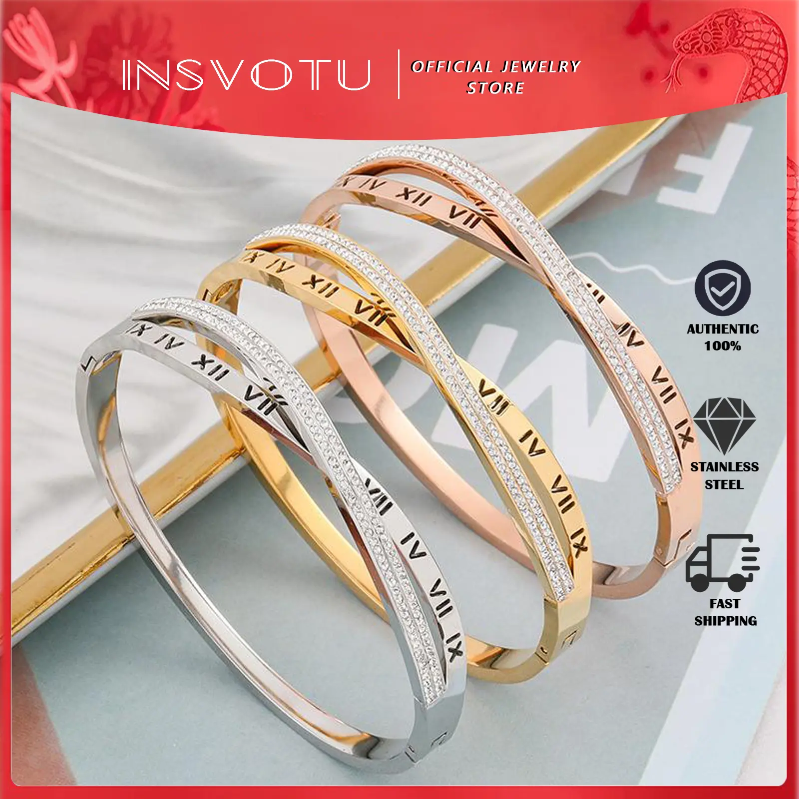 Fashionable Classy Roman Numeral Cross Bracelet Female Stainless Steel Rose Gold Valentine Gift