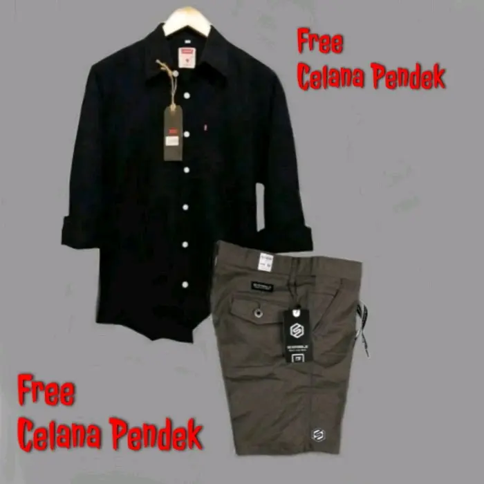 PAKET HEMAT COD Setelan Kemeja Lengan Panjang Pria Dewasa Celana Pendek Pria Dewasa Laki Laki One Set Pria Polos Lengan panjang Katun 8