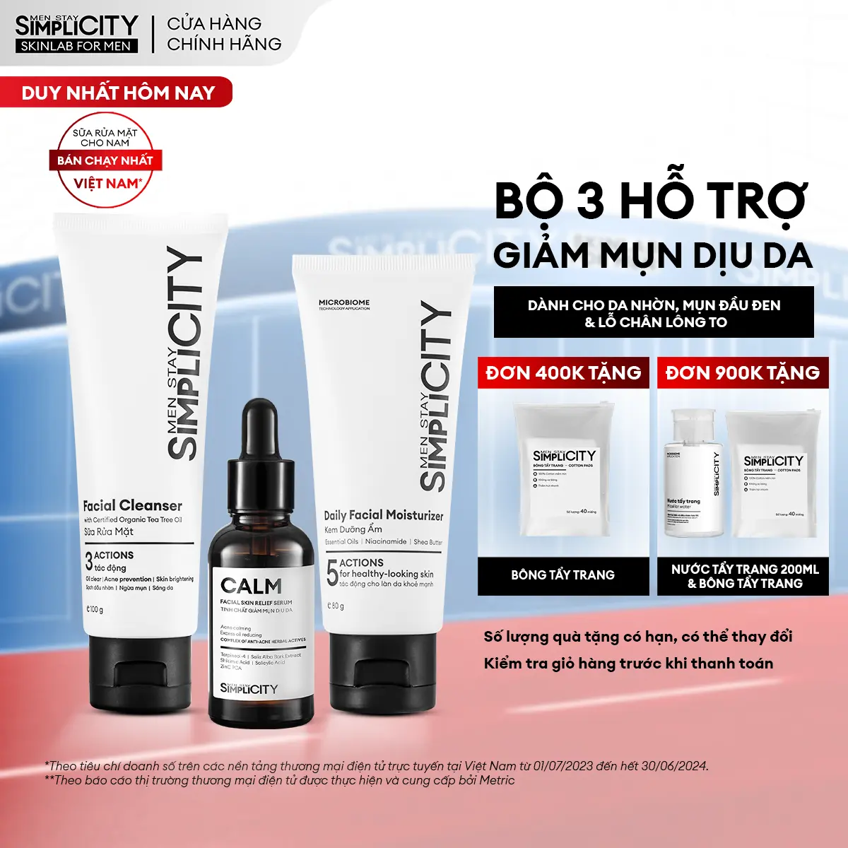 Bộ sản phẩm hỗ trợ chăm sóc da mụn nhẹ & vừa cho nam Men Stay Simplicity Acne Relief Skincare Trio gồm: Sữa rửa mặt 100g, Serum Calm 30ml & Kem dưỡng ẩm 80g