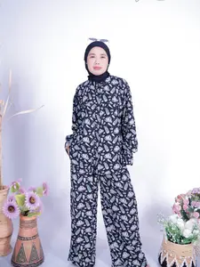 Fidabe One Set Kanaya Rayon Twill Series Hitam Baju Celana Panjang Wanita Katun Motif Kancing Wudlu Friendly Busui Friendly Piyama Setelan