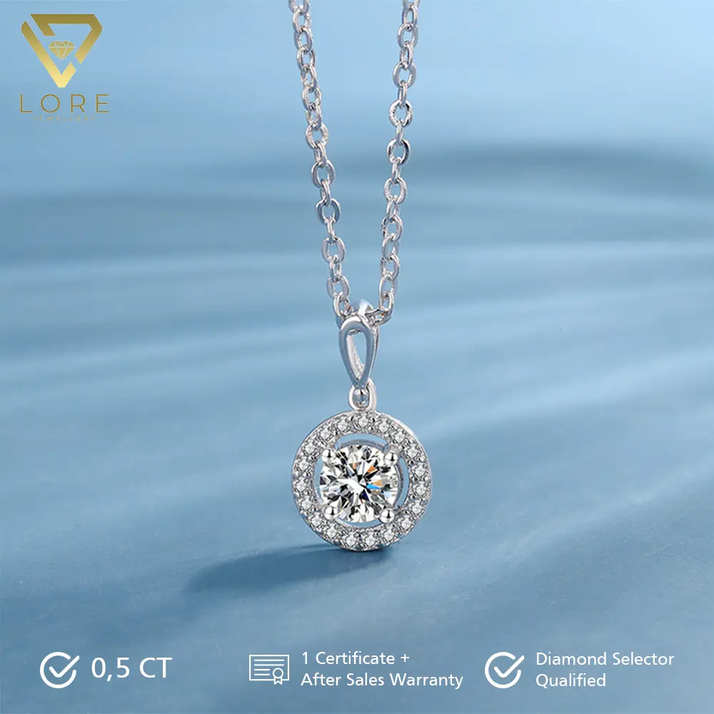 Lore Jewellery - Kalung Moissanite Lapis Emas Putih 18K - Clear Round Moissanite Necklace 0.38 CT / 0.59 CT