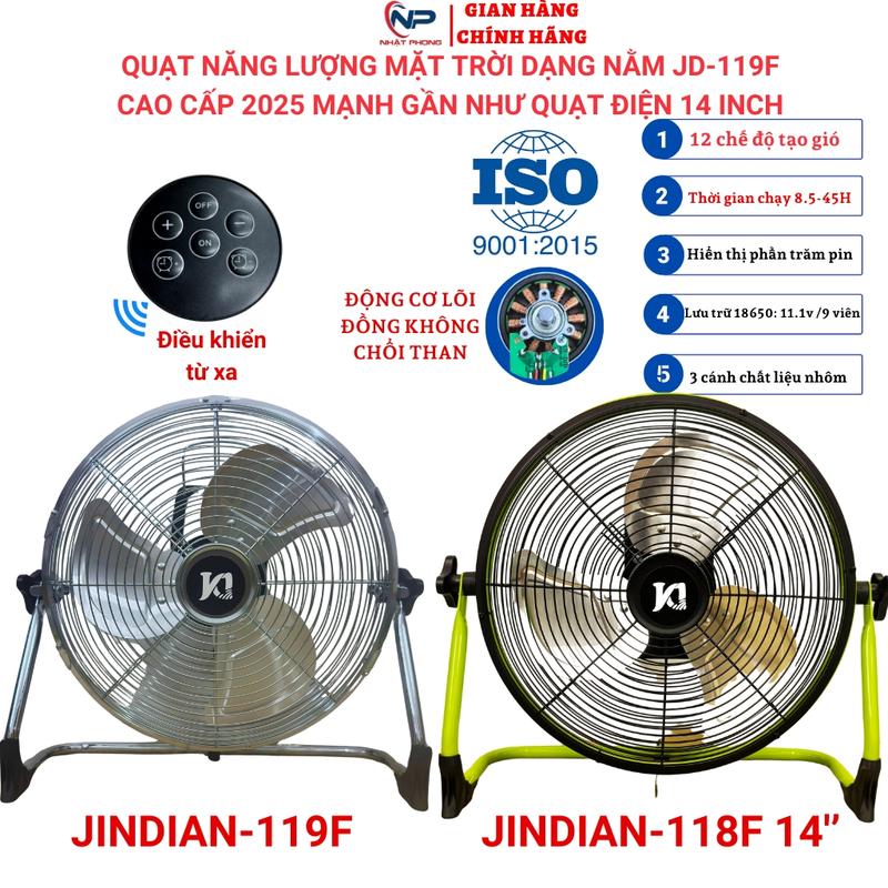 Quạt năng lượng mặt trời chân quỳ Nhật Phong Led quạt tích điện JD-118F 3 cánh quạt kim loại,12 chế độ gió,màn hình led hiện thị vạch báo pin tấm pin dây dài gần 5m cổng usb sạc điện thoại bảo hành 1 năm Fan QuạT