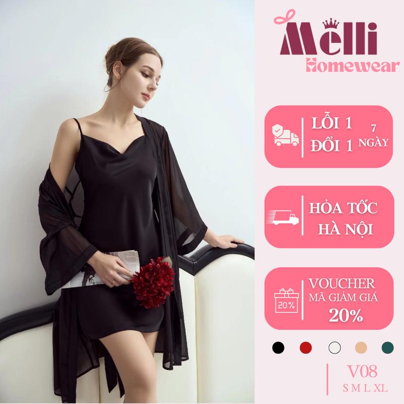    V08   Set váy ngủ 2 dây chất lụa Latin 2 lớp chiết eo liền thân,Váy mặc nhà kèm áo choàng lụa mềm sexy 