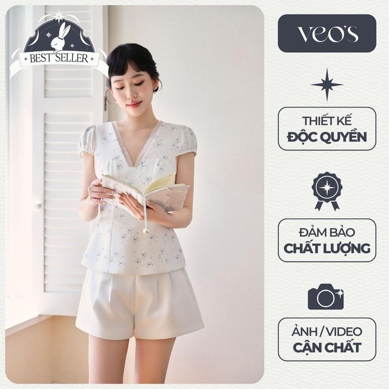 [VEOS] SANA TOP - Áo Kiểu Thiết Kế Cổ V Phối Ren Tay Bồng Chất Chéo Phối Ren Chiết Eo Tiểu Thư, Thanh Lịch Đi Làm Đi Chơi