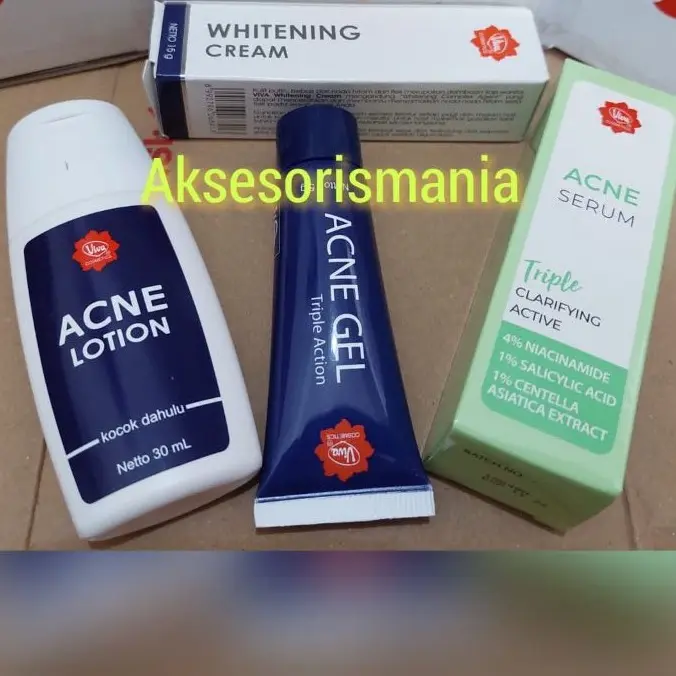 Paket Viva Anti Acne - Penghilang jerawat dan bekas jerawat (isi 3 / 4 / 5 item) Viva Acne Serum,Acne Lotion,Acne Gel, Viva Whitening Cream, Viva Pelembab Green Tea 3