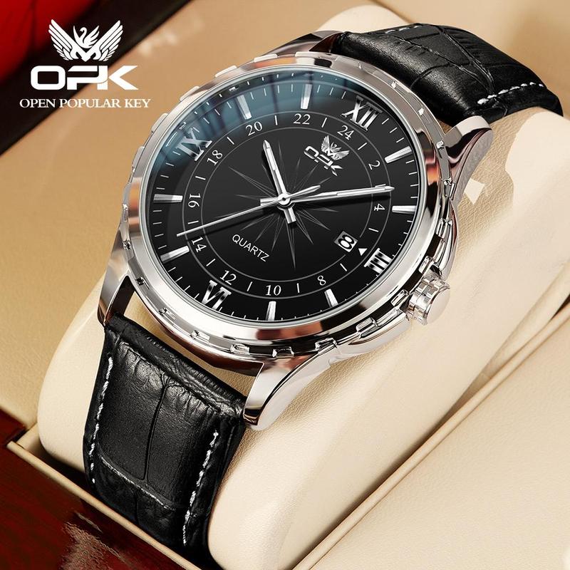  【Vòng đeo tay miễn phí OPK Men's Watch Waterproof Original Men's Simulated Watch Dây Đeo Đồng Hồ Da Phát Sáng Nam Không Thấm Nước Lịch Đơn Giản 6003 Bảo Hành 1 Năm 