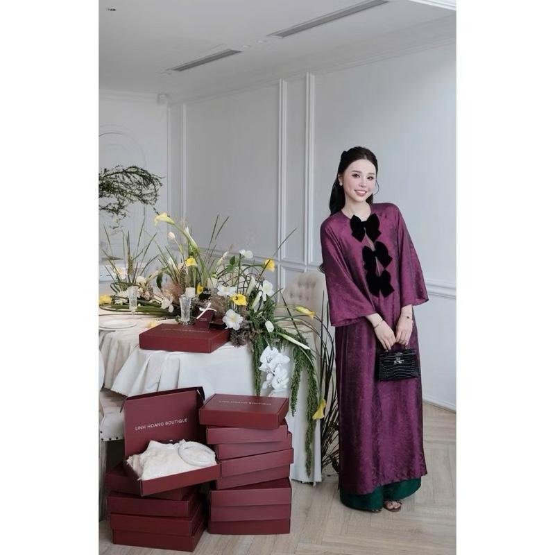 SET ÁO DÀI GẤM phối nơ nhung kèm quần xuông set áo dài cách điệu tay dài mix nơ BIGSIZE