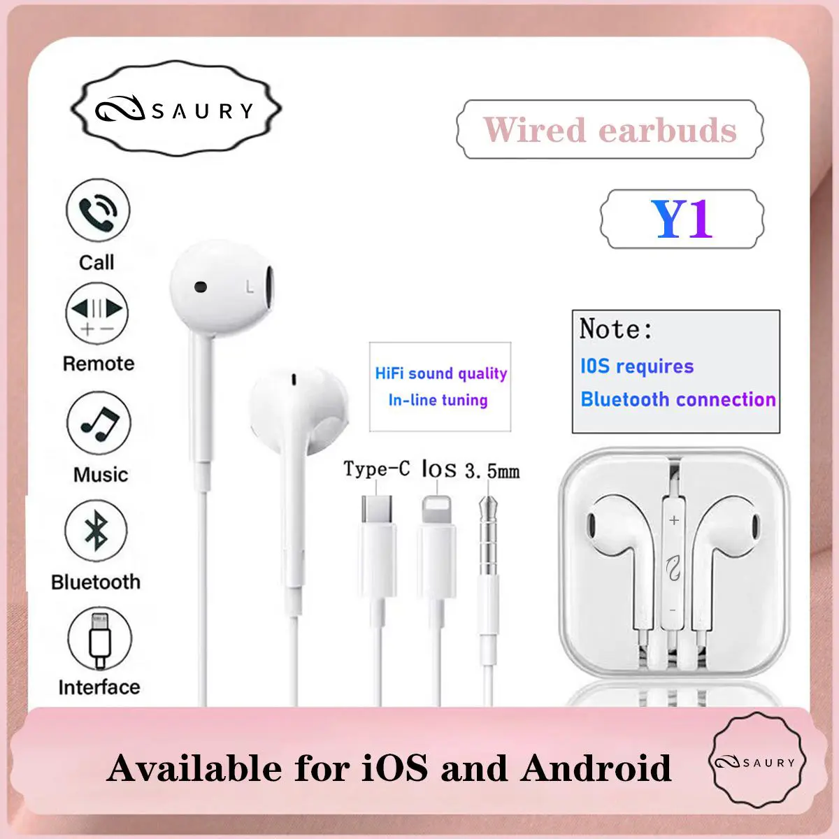 Tai Nghe Y1, Dành Cho Các Thiết Bị IPhone 14 Và 15, Tai Nghe Bluetooth Có Dây, Tương Thích Với 13, 12, 11, Pro, ax, XR, 7, 8, 6, 6s Plus, Type cIn Ear, Tai Nghe Nhét Tai Âm Thanh Nổi