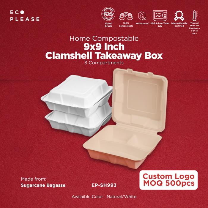 Gambar 50pcs Ecoplease 9x9" Bagasse Clamshell Takeaway Box 3 Compartments - Home Compostable Ecofriendly Ramah Lingkungan Biodegradable Ampas Tebu - Natural dari Ecoplease Home Compostable Kota Tangerang Selatan Tokopedia
