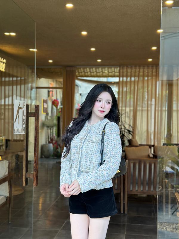 Áo Khoác Dạ Tweed Cúc Ngọc Kim Sa Phong Cách Hàn Quốc