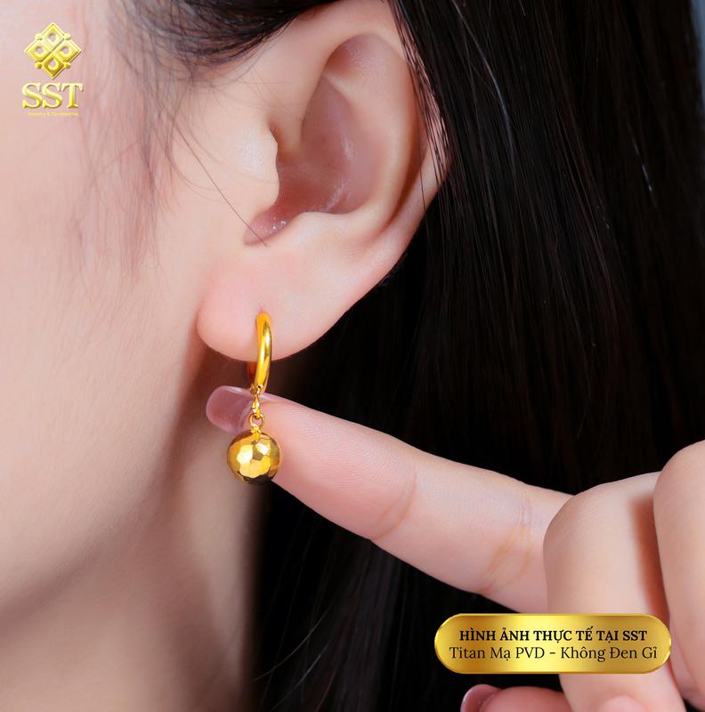  Bông tai nữ Titan SST Official Kiểu khoen trái châu chạm máy lấp lánh Không Đen Gỉ BT177 