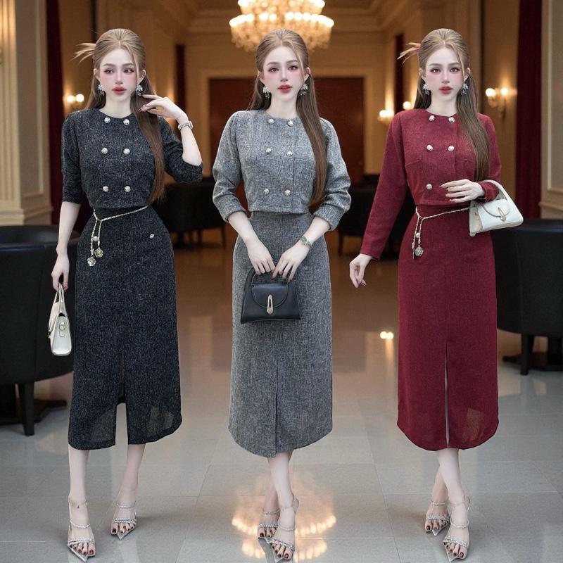 VP KHÔNG KÈM NỊT Set áo váy CRAZYTEEN S6575 gồm áo kiểu tay dài form rộng và chân váy dáng dài để đi chơi Áo kiểu nữ Chân váy dài set mùa đông cho nữ set đồ nữ đẹp