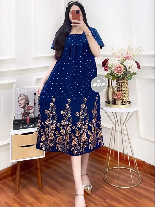 Daster Motif Akar Bunga 3/4 Chibi Elsa - Kain Santung Rayon Tebal - Busui Friendly Karet Wanita Bumil Ibu 1