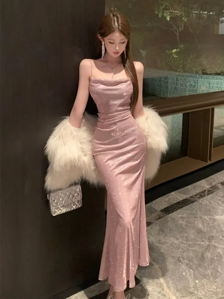 25018 summer soft nude blush pink off shoulder prom dress elegant midi dress Korean fairy style 25018 summer soft nude blush pink off shoulder prom dress elegant midi dress Korean fairy style