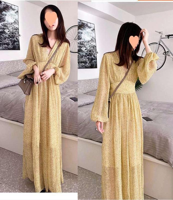 Phong cách Pháp cổ điểnváy voan hoa dài tay thiết kế cạp cao, dáng rộng vừa vặn, mặc dự tiệc hay mọi dịp đều siêu đẹp! Nữ Women Dress Khuy 2