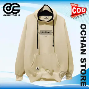 Jaket Hoodie Murah Pria Wanita Distro Warna Cream Motif Sablon Authentic Bahan Katun Flecee Santai Sweater