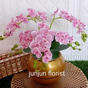 bunga anggrek kain artificial 6 cabang vas bulat gold