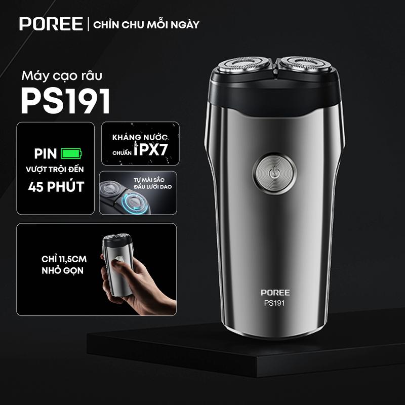 Máy cạo râu Poree PS191| 2 đầu lưỡi dao kép| Chống kẹt râu| 45 ngày pin| | Sạc Type C