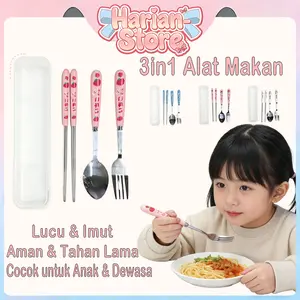 (Harian-Store) Set Sendok Garpu Sumpit Anak H937 dengan Kotak Karakter Lucu Alat Makan Portable untuk Anak