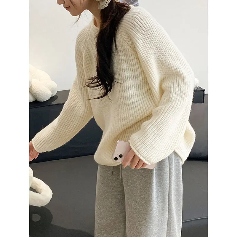 Women's Soft Thi en Knitted Sweater Solid Loose Cas l Round Collar Sweaters Jumpers for Woman Long S ve Pullover Knitwear