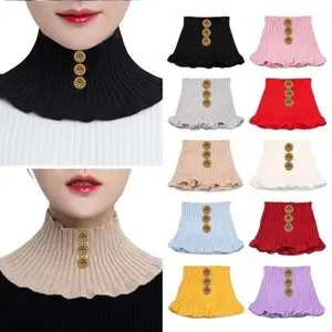 Kerah Palsu Rajut Gaya Outfit Wanita Mewah Cewe Kekinian Syal Rajut Aksesoris Syal Rajut Wanita Preasi Kancing Warna Emas Kain Rajut