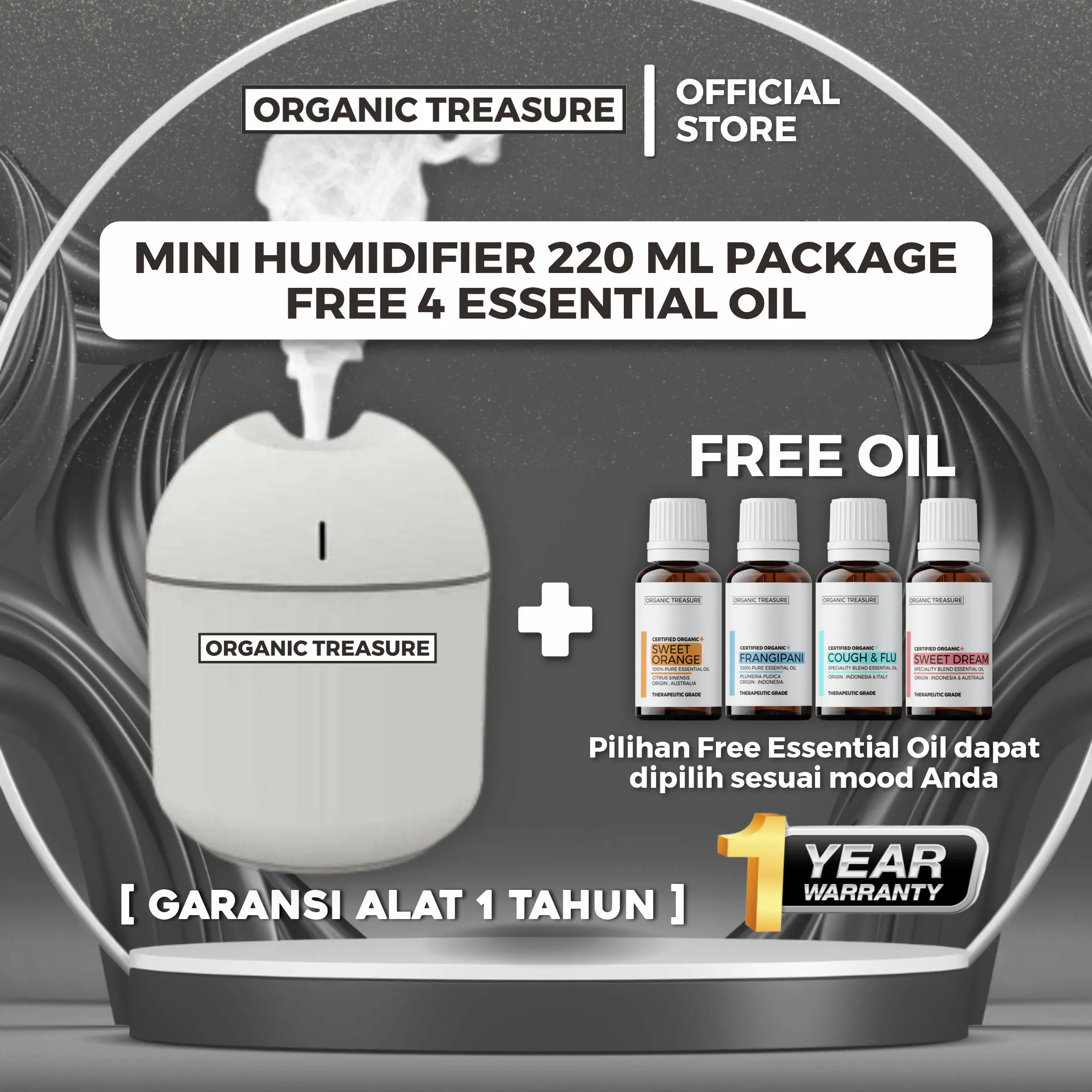 PAKET MINI DIFFUSER 220ML + FREE 4 OIL BEST SELLER + GARANSI 1 TAHUN (Paket Hemat Alat Diffuser Mini)