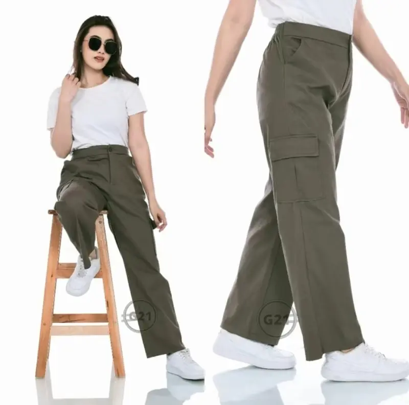 Celana Kargo Wanita Katun Twill Stretch Jumbo Big Size - Hitam Combed Kain Karet Panjang Standar Tebal Kerja Basic Kancing Kantor Oversize Baggy Linen Fit Melar Nyaman 0