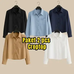 Paket 2 Pcs Kemeja Crop Korean Style Lengan Panjang Polos Casual Baju Wanita Dewasa  Top Cewek Atasan Modis Blouse Batik Fashion