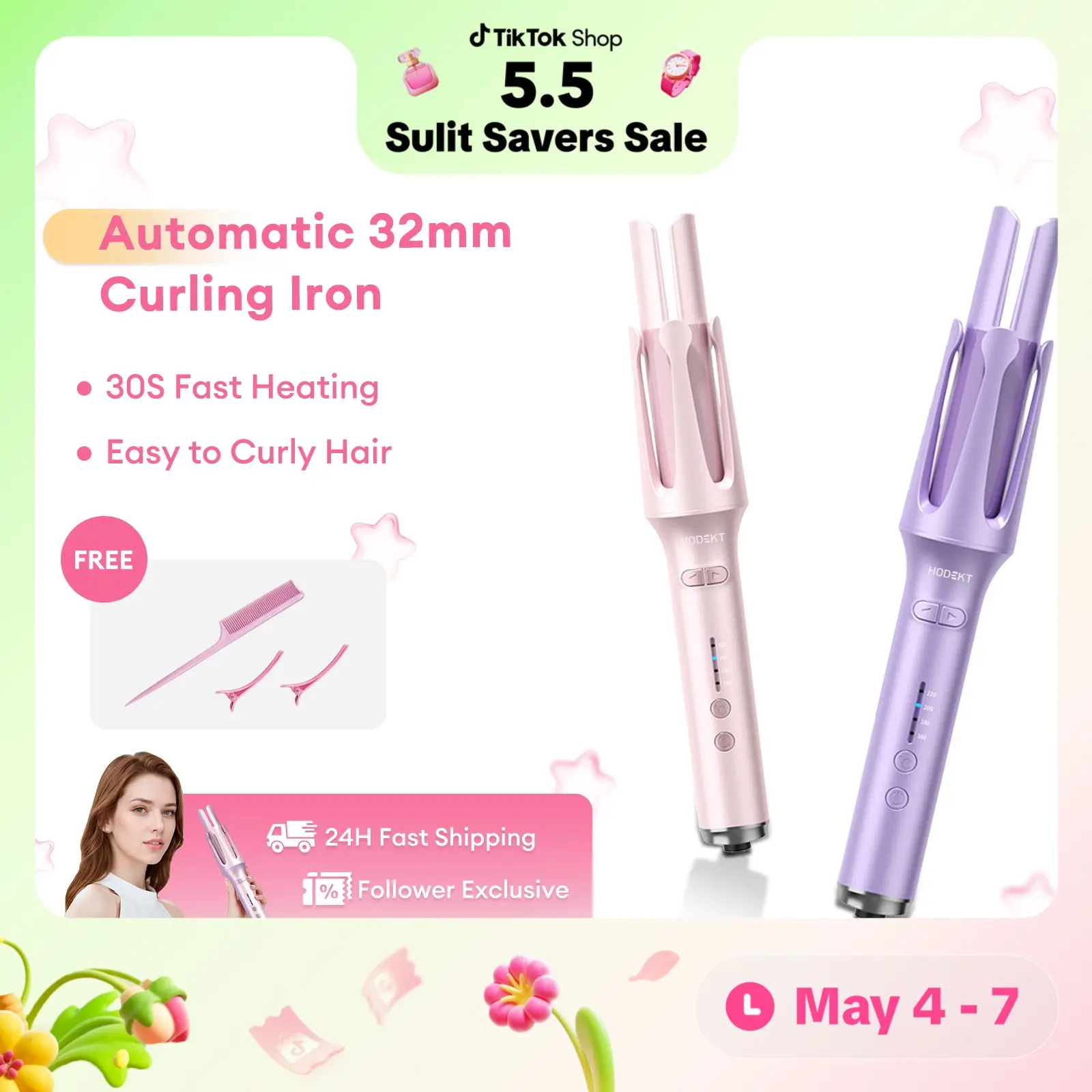 HODEKT Automatic Curler Iron Ceramic Curling Curler Stick Fast Heating Multi-Function Hair Styler Stick Temperature-Adjustable 360 Rotating Constant Curling Iron Plug Comfort