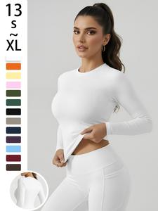 Top deportivo simple de color sólido para mujer, camisa de yoga de cintura alta cómoda, tela elástica, manga corta, por encima del tobillo, primavera y otoño