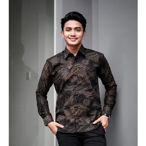 Baju Atasan Kemeja Batik Pria Lengan Panjang Dewasa Kasual Cowok Katun Kain Nyaman Lembut Motif Modern Seragam Kantor Formal Kekinian Reguler Fit M L XL XXL Hitam