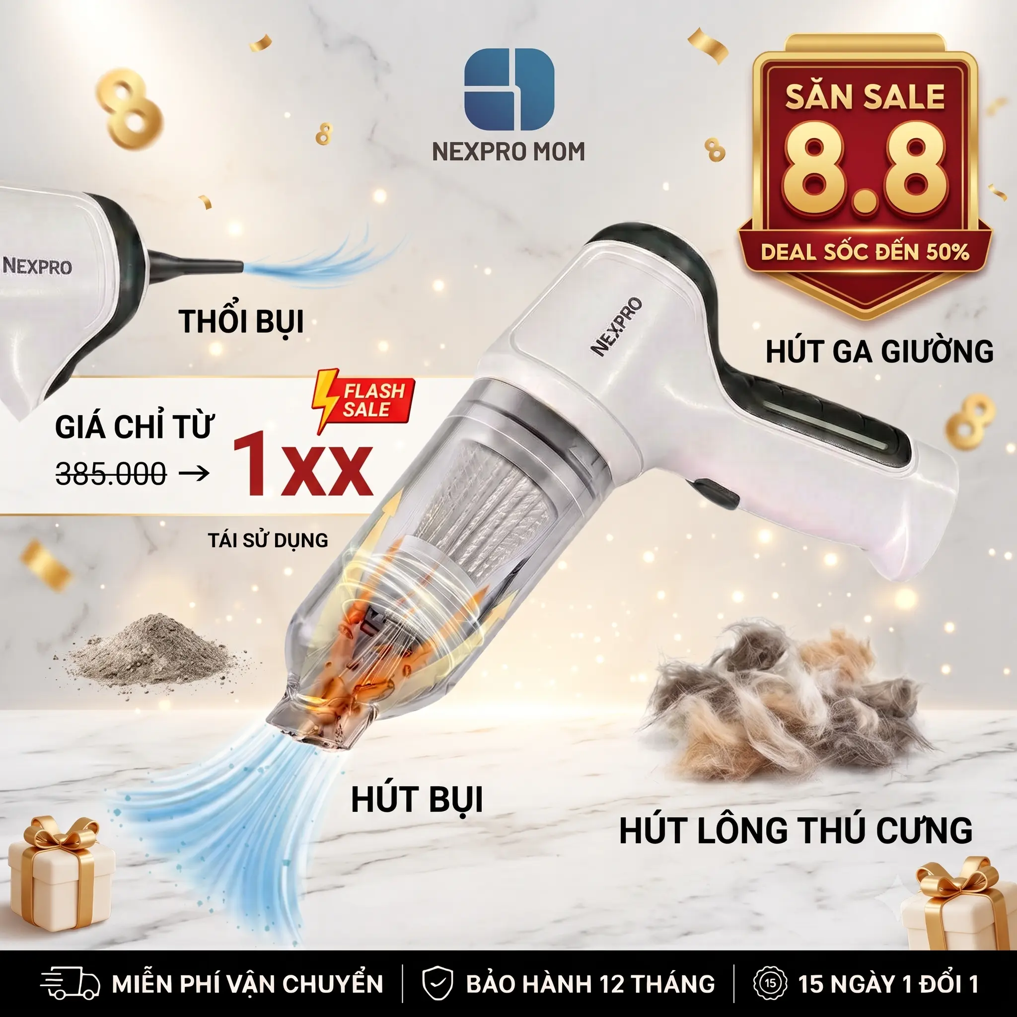 Máy Hút Bụi Mini NEXPRO Cầm Tay 7 Đầu Hút Đa Năng Hút Trên Ô Tô Bàn Thờ Pin Tích Hợp Bảo Hành 12 Tháng