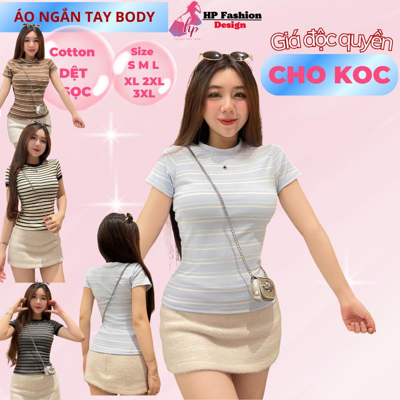 Áo thun sọc viền nữ chiết eo basic cổ tròn, áo phông nữ ôm body cộc ngắn tay vải cao cấp co giãn 2 chiều size S M L XL 2XL 3XL   có bigsize  HP52
