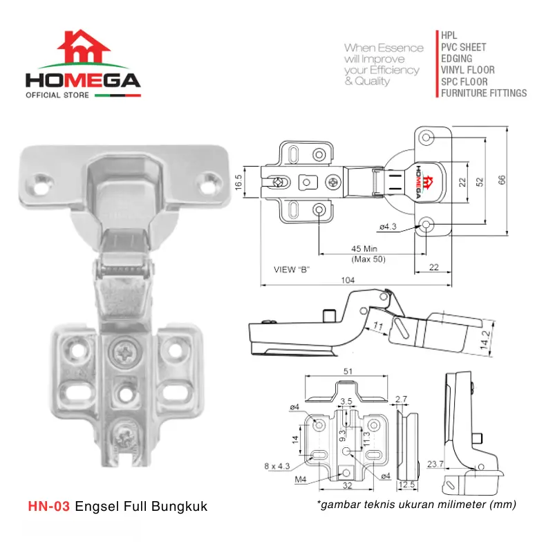 HOMEGA Engsel Sendok HN Non Slow Motion Non Soft Close - 1 Set (2 Pcs) 5