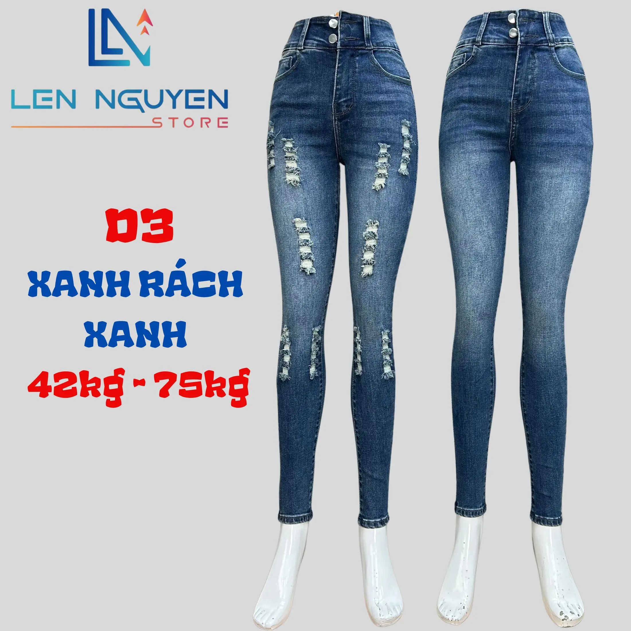 D3 [ Len Nguyen Store ]Quần Jean (Bò) Nữ, Lưng Cao 2 Nút, Dài 95-97cm,màu xanh nhạt, Xanh, Size 42kg-75kg, Thiết Kế Nút Sườn, Co Giãn, Mền Mịn, Bigsize, Hotgirl, Skinny, Ống Ôm, Mang Phong Cách Năng Động, Trẻ Trung, Tự Tin, Dễ Phối Đồ. Women Denim Pants