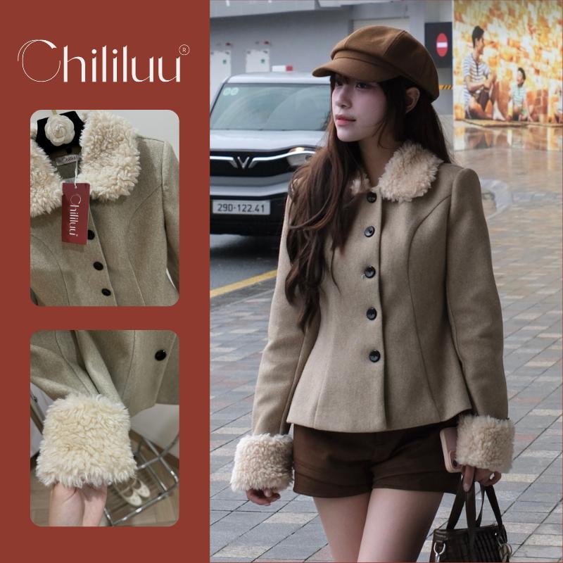  Áo dạ nữ Chililuu áo dạ ngắn tay dài chiết eo độn vai phối lông phong cách Hàn Quốc 
