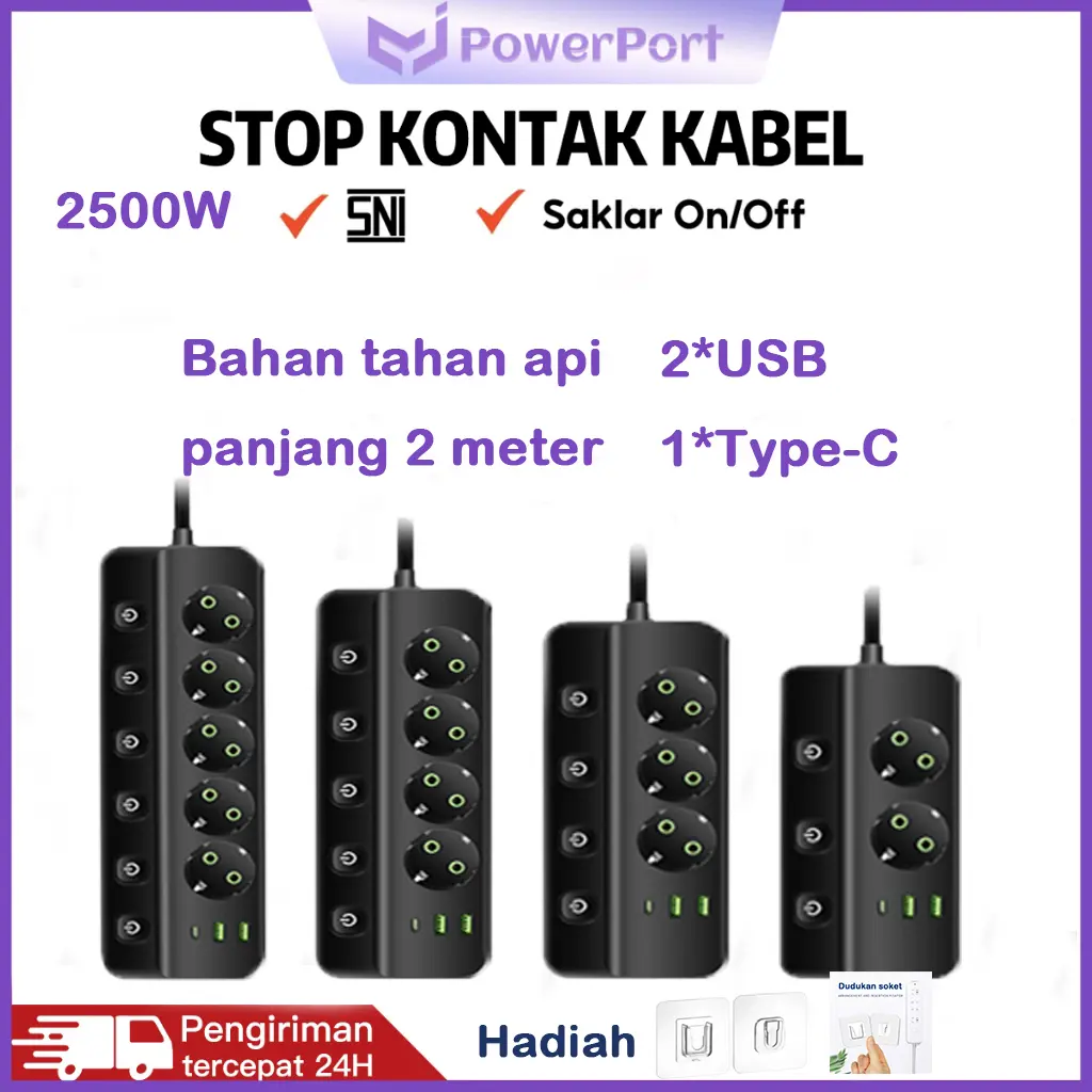 PowerPort 2500W Stop Kontak USB Kabel Serbaguna Multiguna Panjang 2 Meter Soket Listrik dengan Sakelar Terpisah 2/3/4/5 Colokan 2 USB 1 Type-C Bahan Tahan Api
