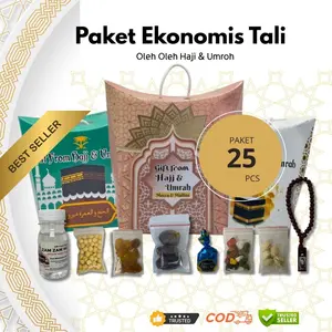 Paket 25 Pcs Oleh Oleh Haji dan Umroh Special Dus Tali isi lengkap Air Zamzam Pistachio Coklat Turki Kismis Kurma Tasbih Kacang Arab Coklat Krikil