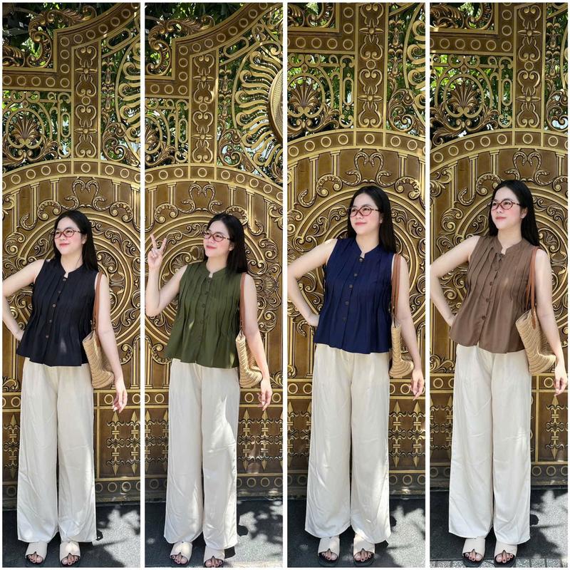 Sét bộ áo babydoll xếp ly nút dừa phối quần ống suông trẻ trung hack dáng