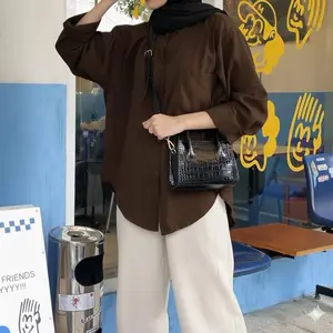 Kemeja linen oversize wanita terkini - Kemeja polos oversize lengan panjang Kancing