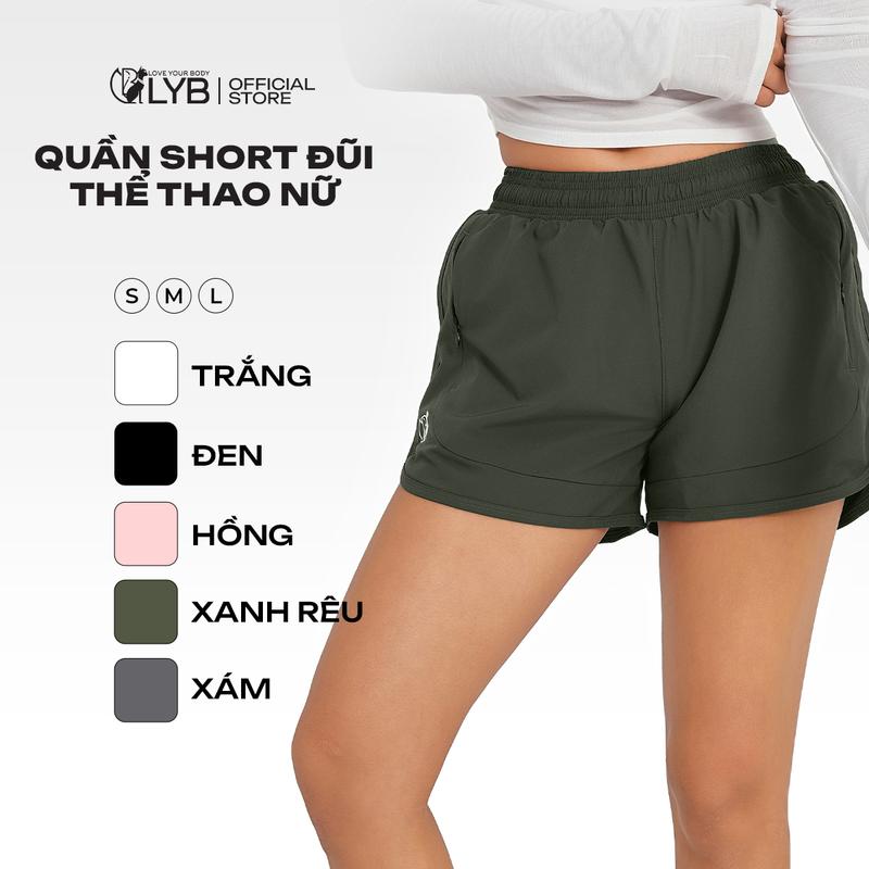LYB - Quần short thể thao nữ, quần đùi tập gym chạy bộ có lót lưới, túi khóa kéo, cạp cao dây rút