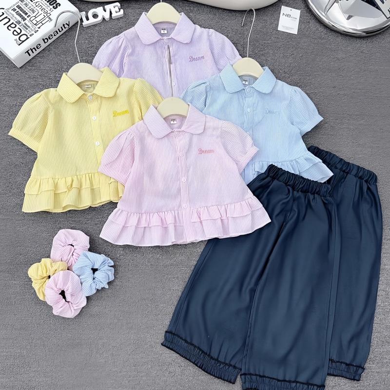   Shopmesockids  Sét áo sơ mi kẻ mix quần bò giấy ông xuông cho bé gái 12 đến 35kg - Tặng kèm scrunchies 