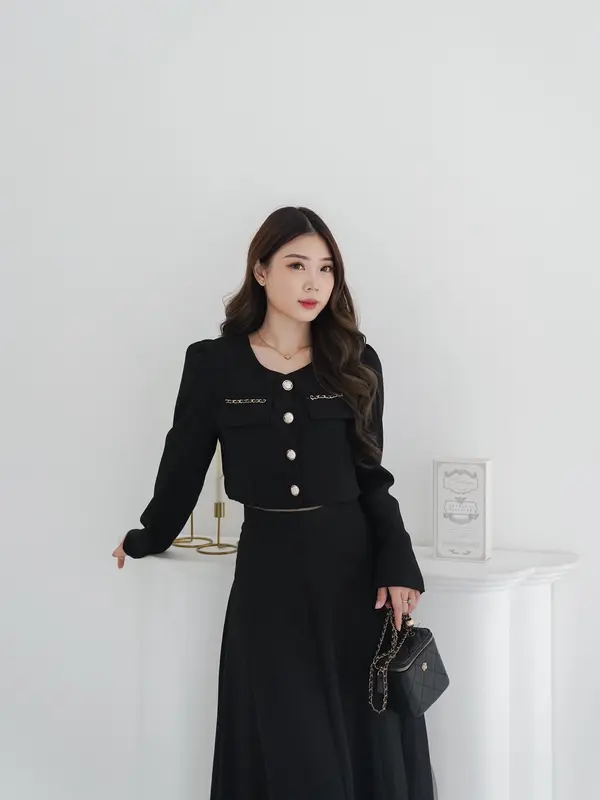 DOHEE TWEED ONE SET PREMIUM | SETELAN WANITA KOREAN STYLE LONGSLEEVE TOP AND MIDI SKIRT - OS381 7