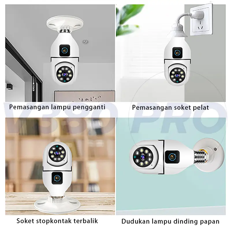 V380 Pro Kamera CCTV Bohlam Lensa Ganda Jarak Jauh 1080P WiFi Wireless CCTV Camera Night Vision PTZ 6