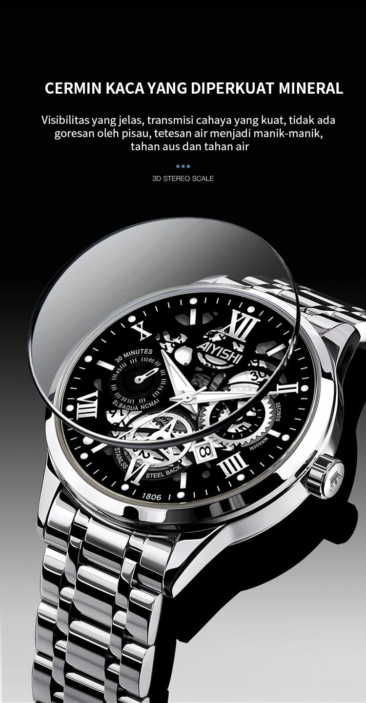 AIYISHI jam tangan pria jam tangan pria tahan air ori  Tahan Air 30 Meter Mesin Kuarsa Otomatis Bahan Stainless Steel jam analog Garansi 2 Tahun jam tangan pria casual Kaca Jam Warna Hitam watch