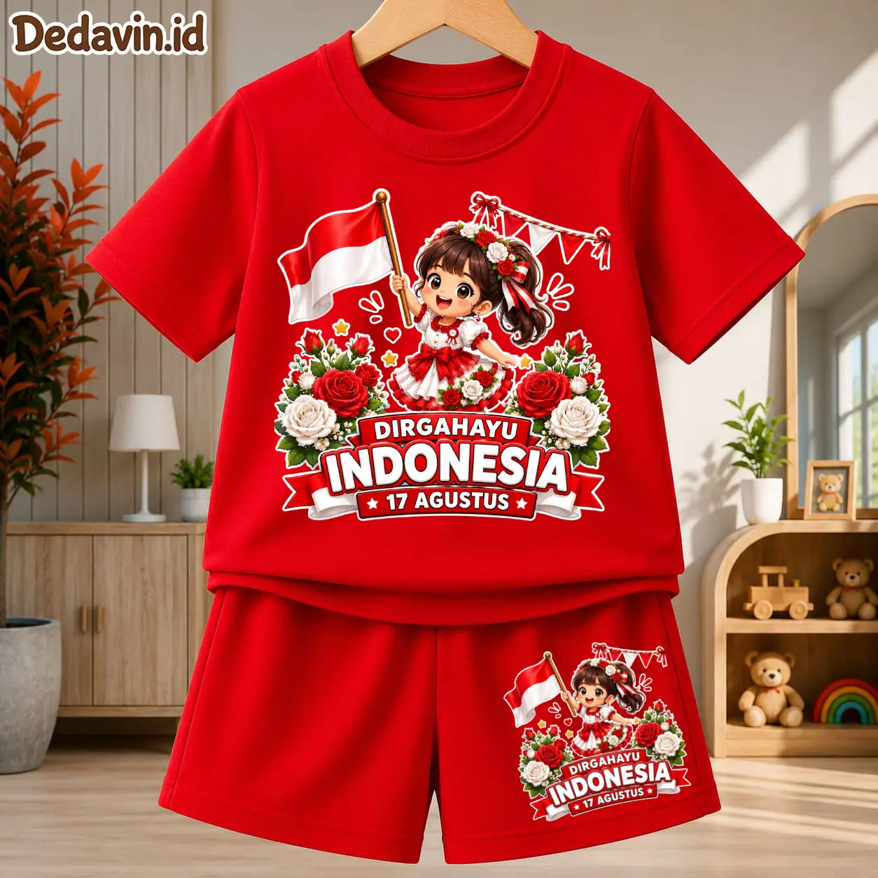 DEDAVIN.ID-SETELAN BAJU ANAK PEREMPUAN USIA 1-8 TAHUN GAMBAR 17 AGUSTUS DIRGAHAYU INDONESIA MAWAR BAHAN KATUN COMBED PREMIUM NYAMAN DAN GAMBAR KEKINIAN MOTIF KEMERDEKAAN FASHION ANAK