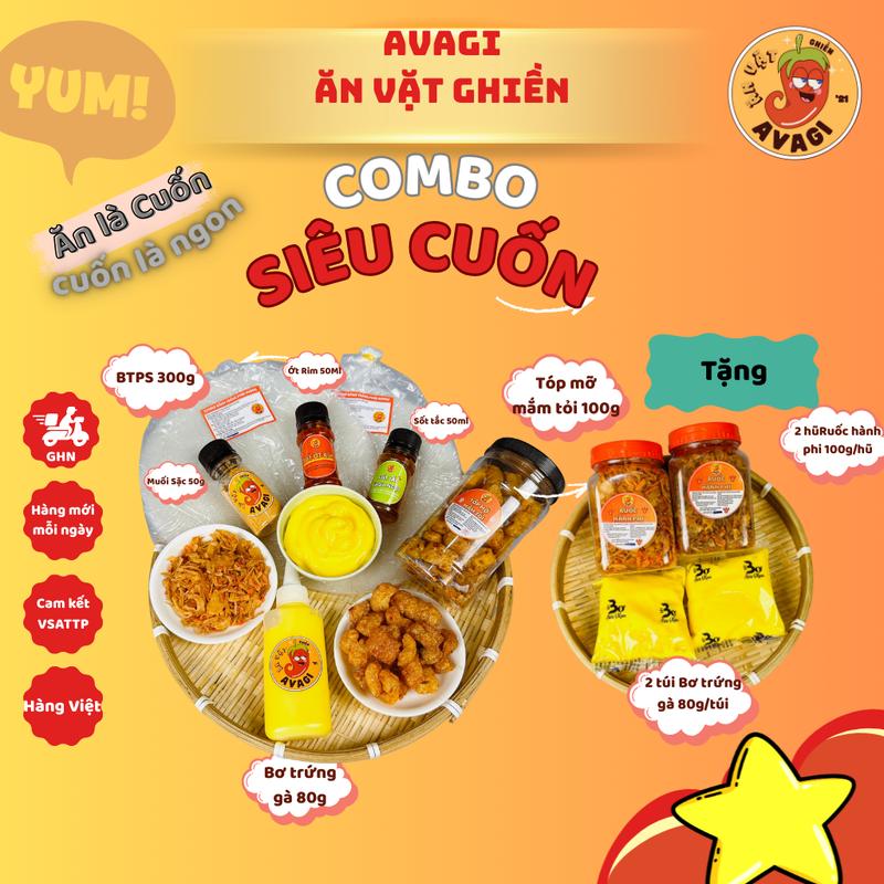   Freeship   Combo Siêu Cuốn AVAGI 300g Bánh Tráng Tóp mỡ 2 Bơ 100g Ruốc Hành Phi Tắc Muối sặc Ớt rim ĐỒ ĂN VẶT SNACKS  